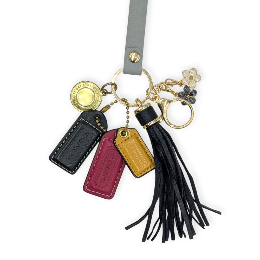 Coach Hangtags with Bag Charms Pink Yellow Black Leather Tassel Flowers Keychain